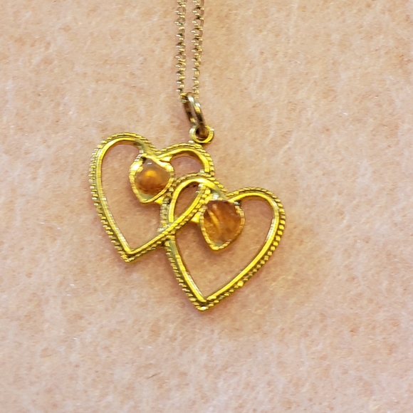 Double Heart Carnelian Gemstone Pendant Necklace on Gold Chain - Picture 2 of 8